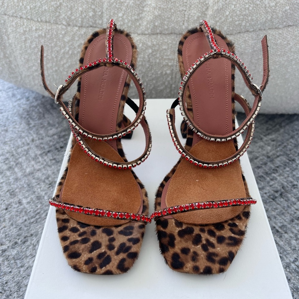 Amina Muaddi Gilda Sandal in Luxurious Leopard Print Fur & Red Crystal